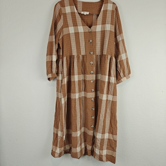 Grade & Gather Nwot Plaid Button Up 3/4 Sleeves Vneck Cotton Knee Length Dress M - Picture 2 of 14